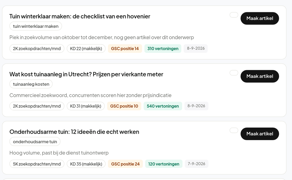 Drie artikelideeen met zoekvolume, moeilijkheid, positie in Google en de reden waarom